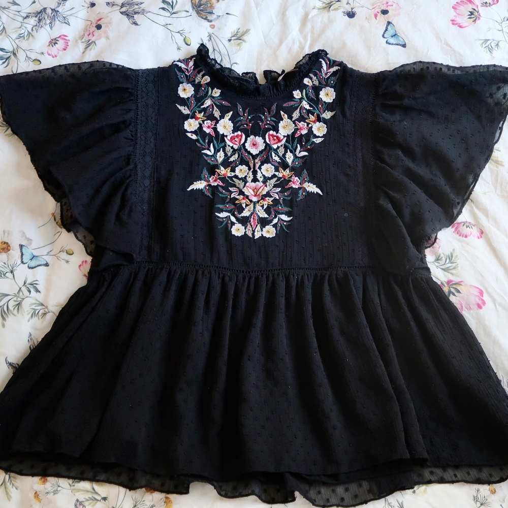 ZARA Trafaluc Collection Sheer Black Swiss Dot Embroidered Blouse  US M